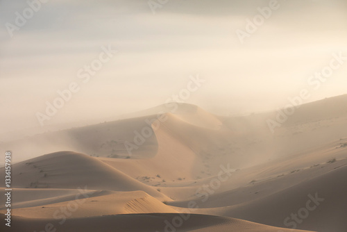 Fototapeta Naklejka Na Ścianę i Meble -  Sand dunes of Liwa desert in fog during sunrise hours.