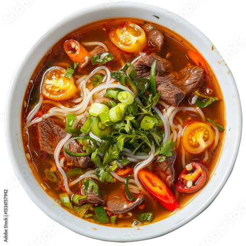 Bun bo Hue Vietnamese beef noodle soup food photography isolated on white or transparent background