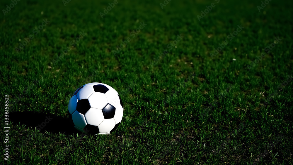 Obraz premium close-up view of a classic black and white soccer ball on a lush green grass field