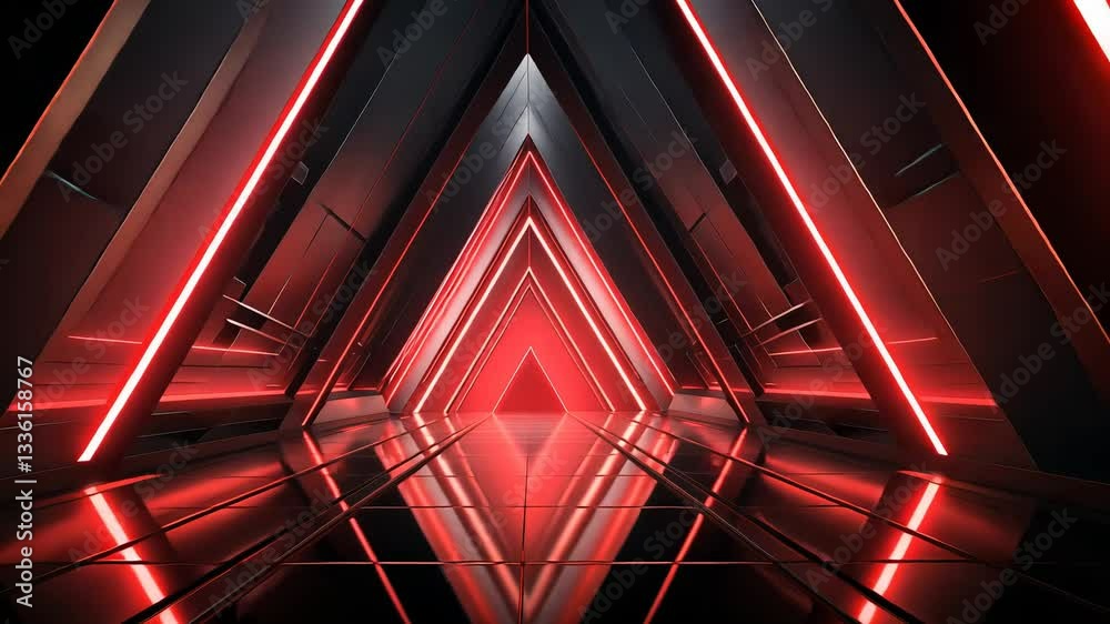 Futuristic, triangular corridor with vibrant red neon lighting.  A sleek, metallic, dark interior with a mirrored floor
