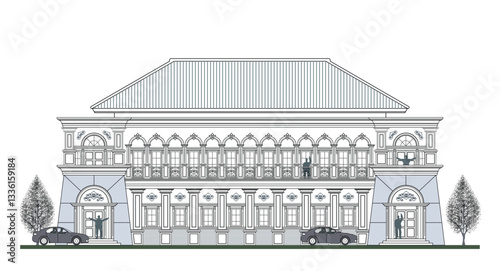 Facade of 2 storey symmetrical classical  building with 4 doors, 21 windows, 27 columns, frames, balustrade, canopy, balcony, curve elements and trapezoidal roof.