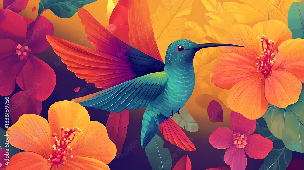Naklejka premium Vibrant Hummingbird Amidst Tropical Blooms