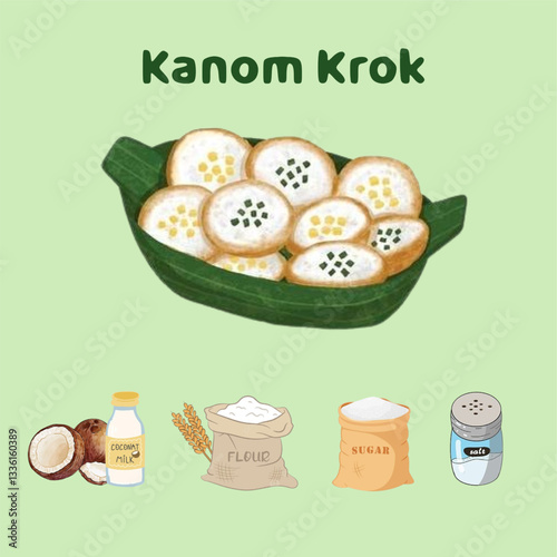 Thai Coconut Rice Pancake Khanom Krok Traditional Thai Street Dessert Illustration