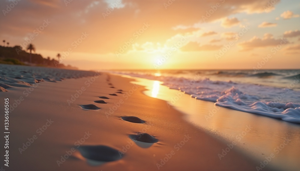 Fototapeta premium Sunset on beach with footprints with serene mood