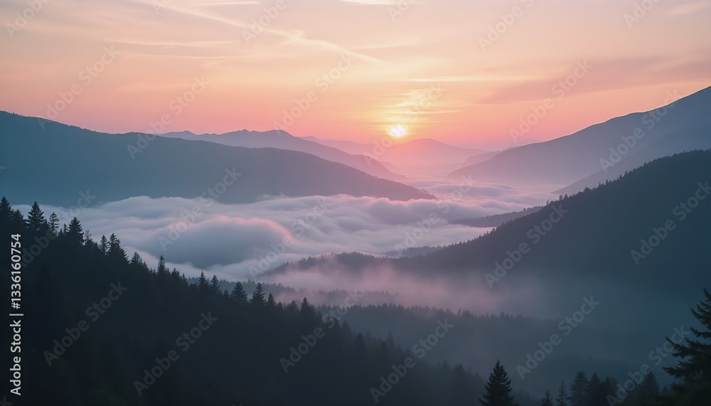 Fototapeta premium Sunrise over mountain valley with majestic mood