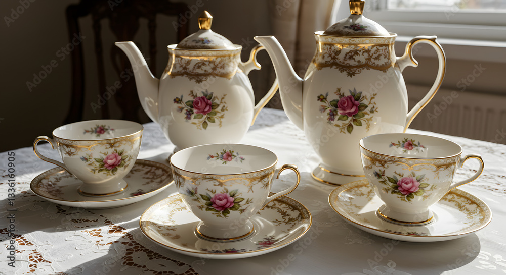 Cozy Tea Set with Teapot and Cups on Table PNG Cozy Tea Set with Teapot and Cups on Table PNG