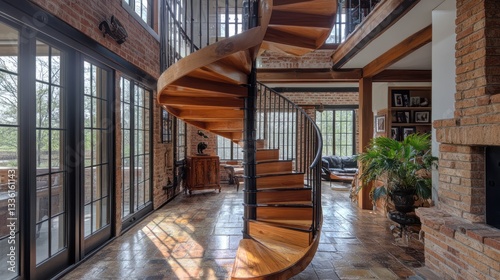 A beautiful wooden spiral staircase within a large brick home interior