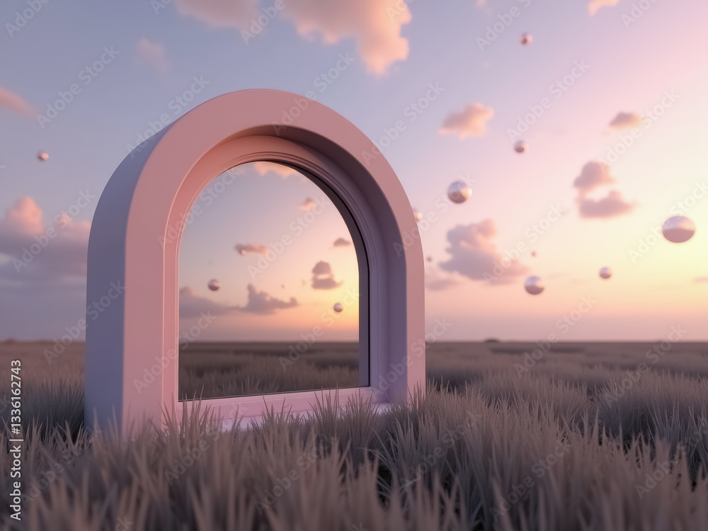 arched window frame reflecting a serene sunset landscape arched window frame reflecting a serene sunset landscape