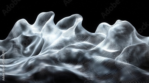 Ethereal Wireframe Waves in Monochrome Hues Against a Black Background for Abstract Art