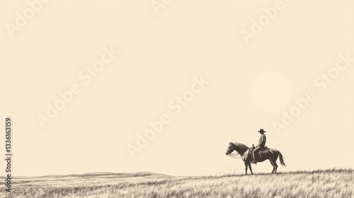Lone cowboy on horseback silhouetted against a vast, pale sky on a prairie.