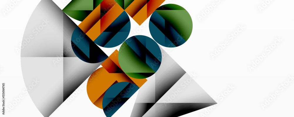 Abstract geometric design with intersecting circles, triangles, squares and sharp angles creating a layered composition with gradients, depth, and contrast Abstract geometric design with intersecting circles, triangles, squares and sharp angles creating a layered composition with gradients, depth, and contrast