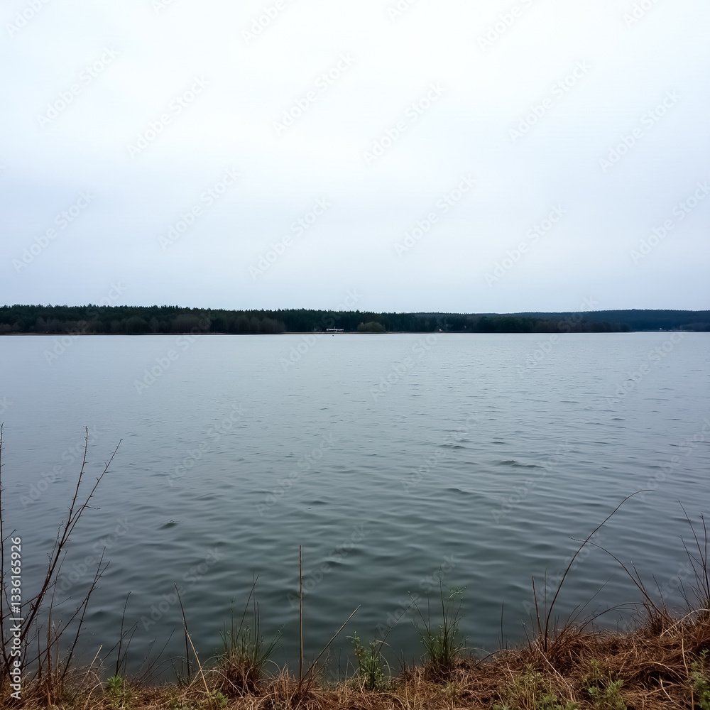 serene lake view with distant trees under a pale sky serene lake view with distant trees under a pale sky