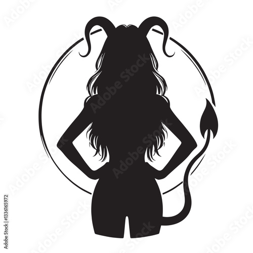 silhouette of a woman with long flowing hair, tail and horns