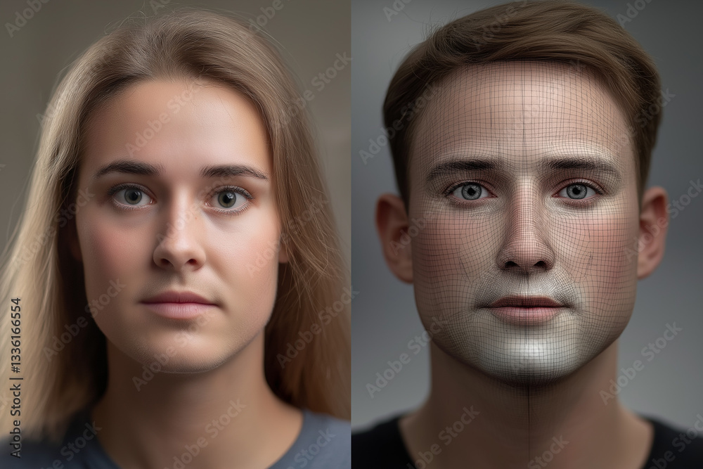 Deepfake AI. Machine learning. Synthetic media. Face swap. Video manipulation cybercrime. Reconstructing and altering human faces using AI technology. Deepfake AI. Machine learning. Synthetic media. Face swap. Video manipulation cybercrime. Reconstructing and altering human faces using AI technology.