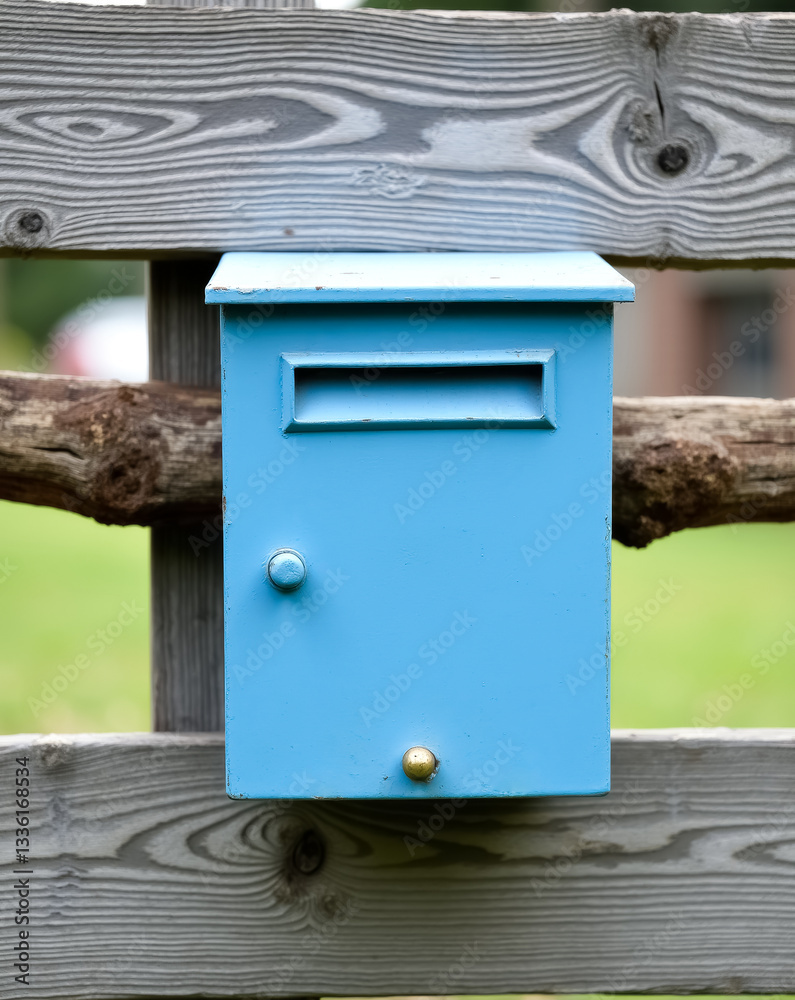 small light blue painted metal mailbox attached to a gray wooden fence small light blue painted metal mailbox attached to a gray wooden fence