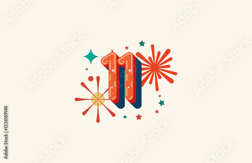Logo Number Colorful 11th, 11th Happy Birthday or Anniversary with fireworks concept. Happiness and funny design concept.