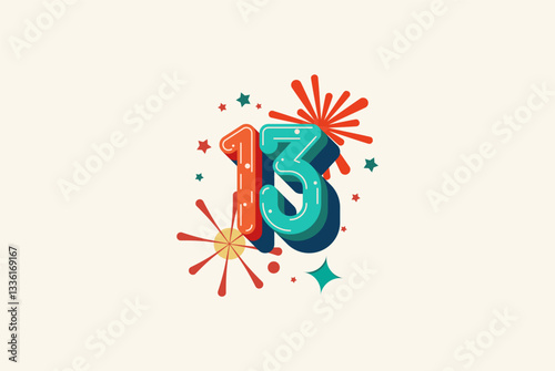 Logo Number Colorful 13th, 13th Happy Birthday or Anniversary with fireworks concept. Happiness and funny design concept.