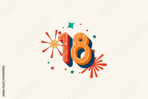 Logo Number Colorful 18th, 18th Happy Birthday or Anniversary with fireworks concept. Happiness and funny design concept.
