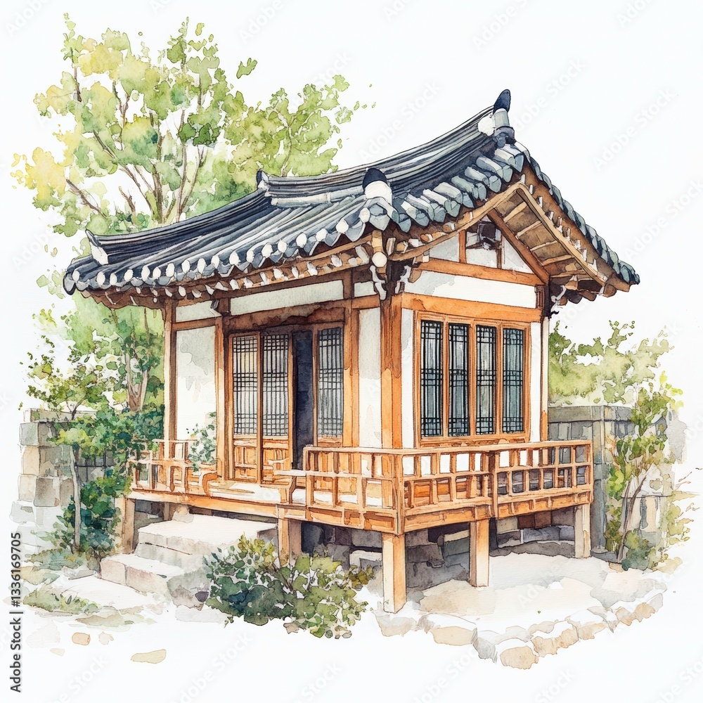 Traditional Korean Hanok Architecture Surrounded by Lush Greenery in Bright Sunshine Traditional Korean Hanok Architecture Surrounded by Lush Greenery in Bright Sunshine
