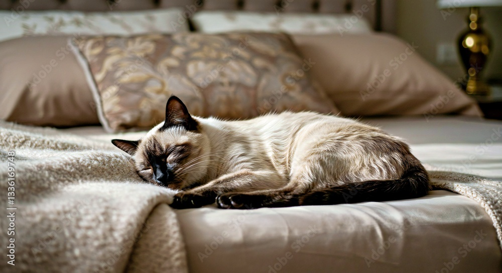 Photograph a Balinese Cat in a Deeply Relaxed Sleeping Posture, Embodying Feline Serenity and Peace in a Luxurious Bedroom Setting_ Photograph a Balinese Cat in a Deeply Relaxed Sleeping Posture, Embodying Feline Serenity and Peace in a Luxurious Bedroom Setting_