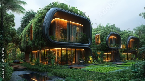 Eco-friendly homes nestled in lush tropical garden at twilight