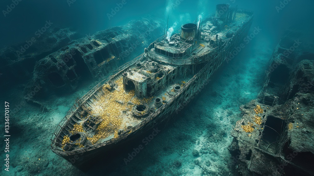 Fototapeta premium Underwater shipwreck graveyard, coral growth on decaying ship, tropical ocean