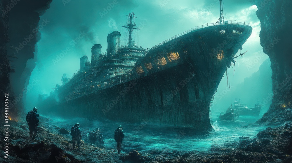 Fototapeta premium Sunken warship, explorers, underwater cave, stormy seas