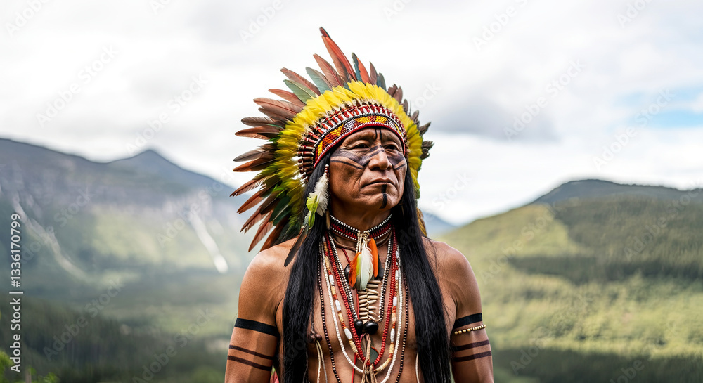 Fototapeta premium Majestic portrait of a proud indigenous leader set against a breathtaking mountain backdrop