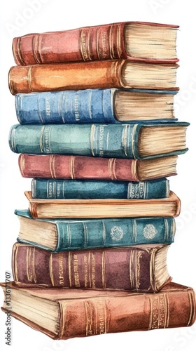 A watercolor illustration depicts a tall and colorful stack of books