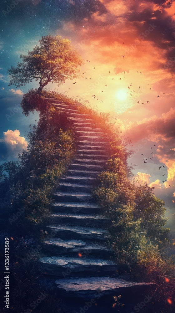Naklejka premium Stone Staircase Leading Upward Towards a Dreamlike Sky Landscape