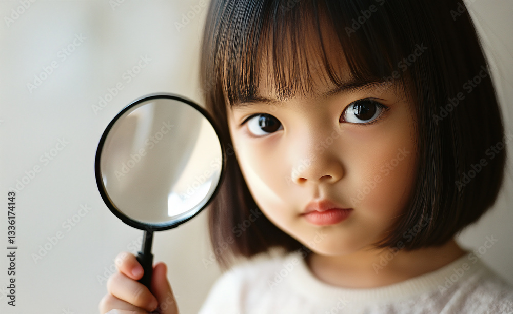 虫眼鏡を覗く子供 虫眼鏡を覗く子供