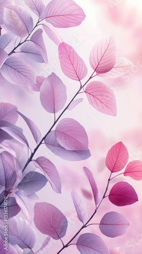 Pastel Botanical Background with Pink and Purple Leaves, Pastel Botanical Design for Nature-Inspired Wall Art, Pastel Botanical Backdrop for Elegant Print Projects