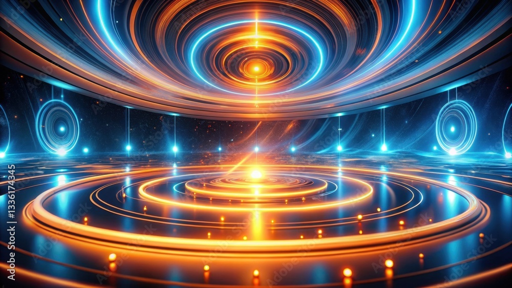 Obraz premium Abstract Futuristic Stage Design with Glowing Circular Lights and Energy Beams