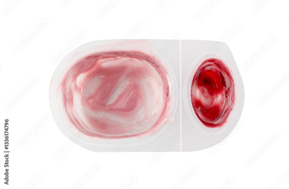 Empty yogurt cup isolated, white yoghurt with cherry jam in plastic pot, milk pudding container Empty yogurt cup isolated, white yoghurt with cherry jam in plastic pot, milk pudding container