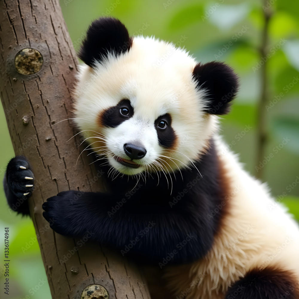 Naklejka premium adorable panda cub clinging to tree trunk in lush green habitat
