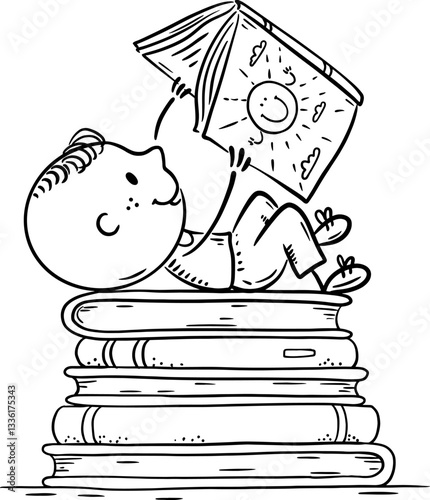 Line art. Happy little boy reading a book, outline cartoon kid lies on a stac...