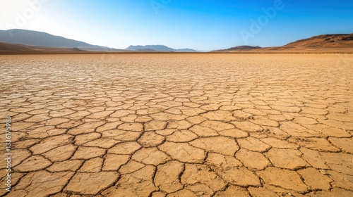 Parched Desert Landscape with Dry Cracked Earth under Bright Sky