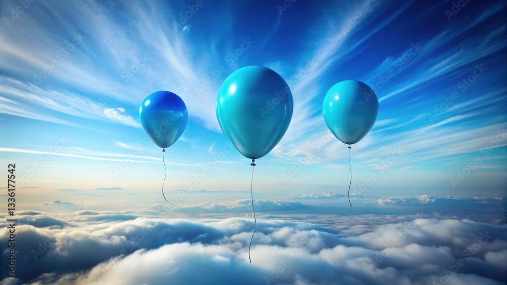 Obraz premium Three azure balloons drift serenely above a boundless expanse of fluffy white clouds, painted against a vibrant blue sky streaked with wispy cirrus formations.