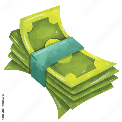 Paper money vector art, money clip art, clip art money, bundle pack of money illustration vector, green banknote cartoon, isolated on white background, hand drawn watercolor painting style