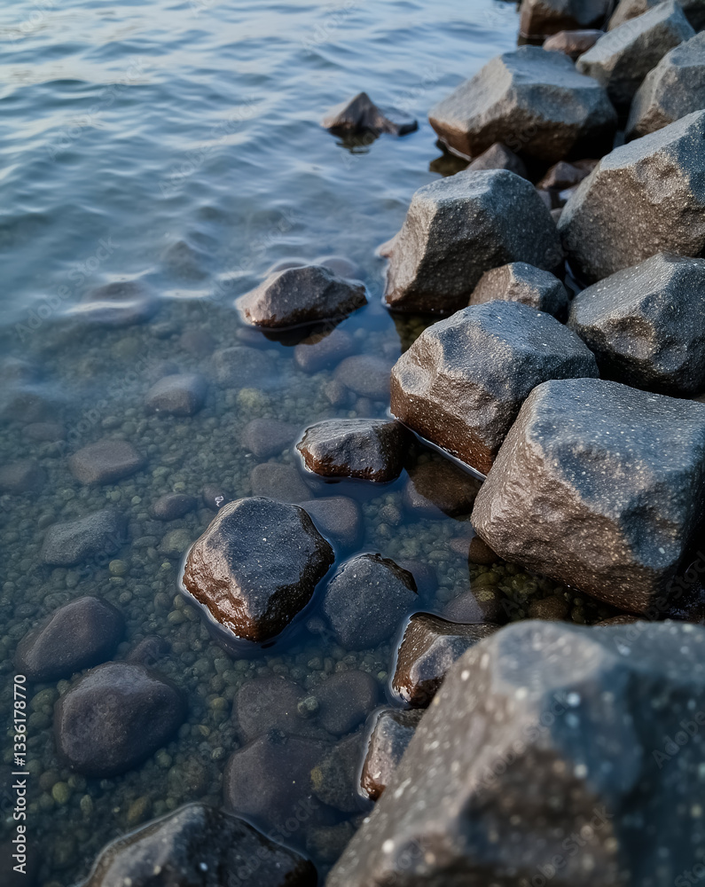 dark rocks partially submerged in clear water creating a tranquil scene dark rocks partially submerged in clear water creating a tranquil scene