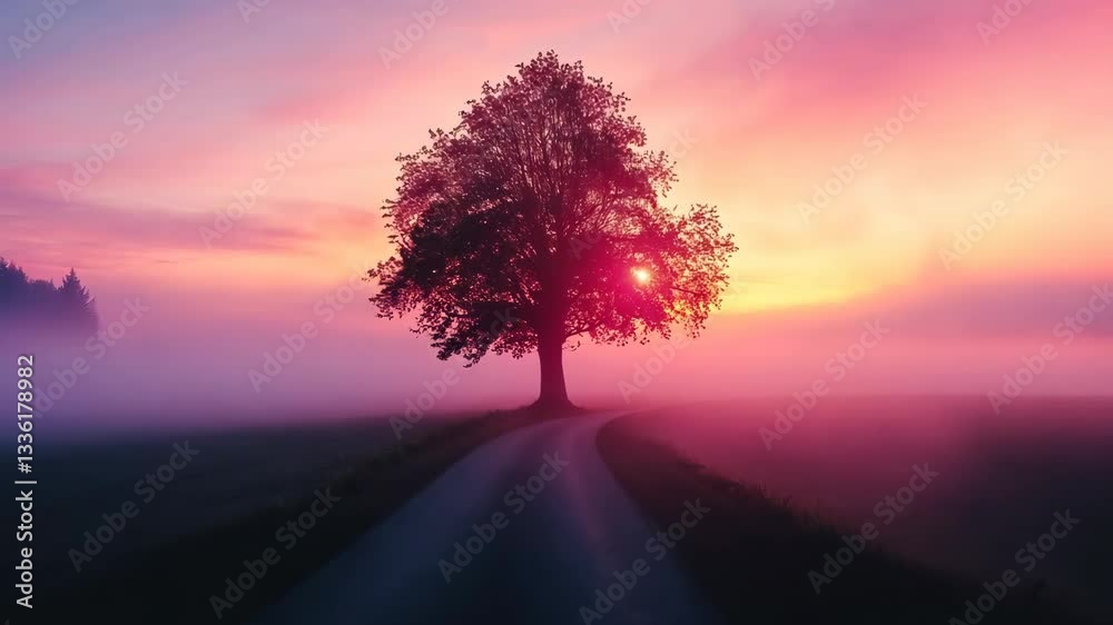 Sunset over a winding road with a solitary tree silhouetted against a colorful sky