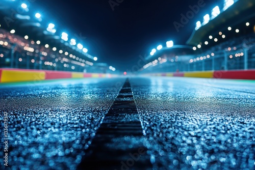 The thrill of a racing stadium at night, with lights reflecting off the asphalt racing track, capturing the essence of speed.