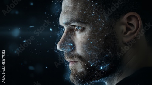  A man with facial biometric data being used as the user interface for digital security, against a dark background. 