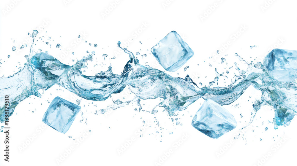 Obraz premium Ice cubes with water splash and drops. Cold mineral water, natural aqua or cocktail drink realistic vector splashes or frozen motion ripples ice cubes. beverage, soda isolated white background