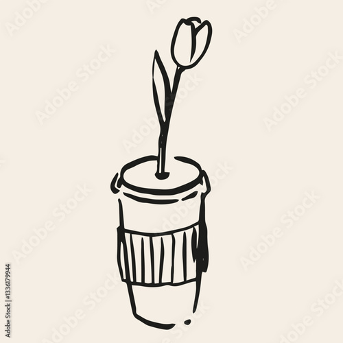 Tulip in paper beverage cup. Conceptual, naive flower sketch. Hand drawn ink vector illustration. Element for poster, social media, banners, invitation. Trendy spring card template. 