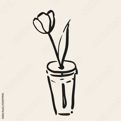 Tulip in paper beverage cup. Conceptual, naive flower sketch. Hand drawn ink vector illustration. Element for poster, social media, banners, invitation. Trendy spring card template. 