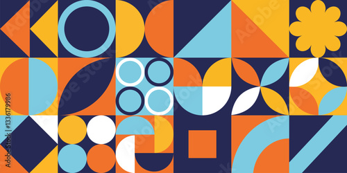 modern geometric abstract pattern featuring bold shapes like circles, squares, triangles, and petal motifs in a dynamic color palette of navy blue, orange, yellow, and light blue vector stock