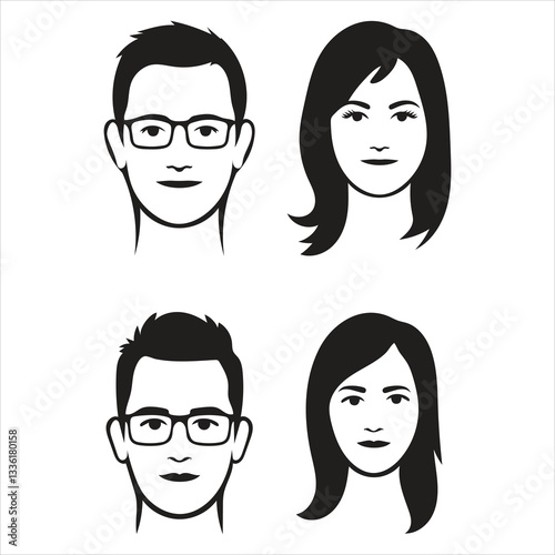 A vector illustration depicting male and female face silhouettes or icons, serving as avatars or profiles for unknown or anonymous individuals. Male and Female Face Silhouettes ,Anonymous Avatar Vecto