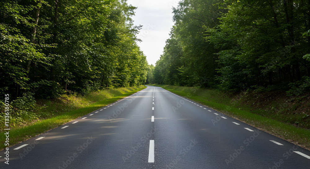 Fototapeta premium Picturesque Asphalt Highway Stretching Through Lush Greenery in the Warm Summer Sun