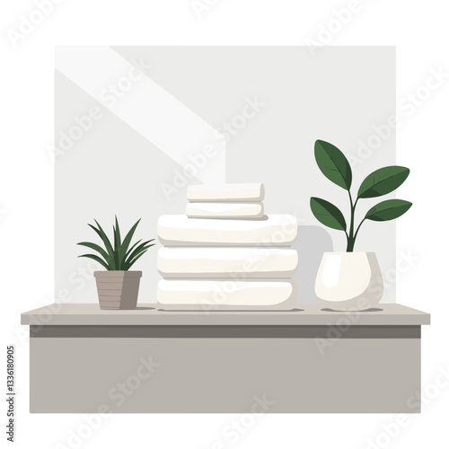 Minimalistic bathroom counter with folded towels and plant, serenity